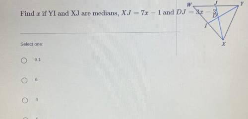 Find x if YI and XJ are medians, XJ = 7x - 1 and DJ = 3x - 3 please help asap