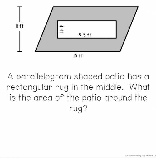 a parallelogram shaped patio has a rectangular rug in the middle jwhat is the area of the patio aro
