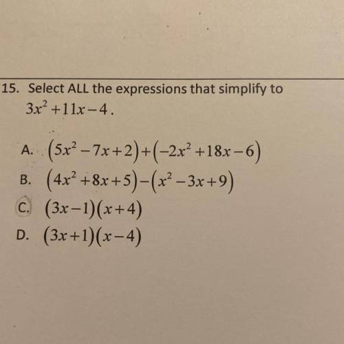 Select all the expressions that simplify to 3x^2+11x-4