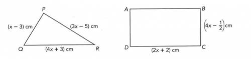 The ratio of the perimeter of triangle PQR to the perimeter of rectangle ABCD is 5 : 9.

a. Write