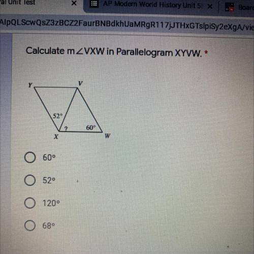 WILL MARK BRAINLIEST!
Calculate m < VXW in Parallelogram XYVW