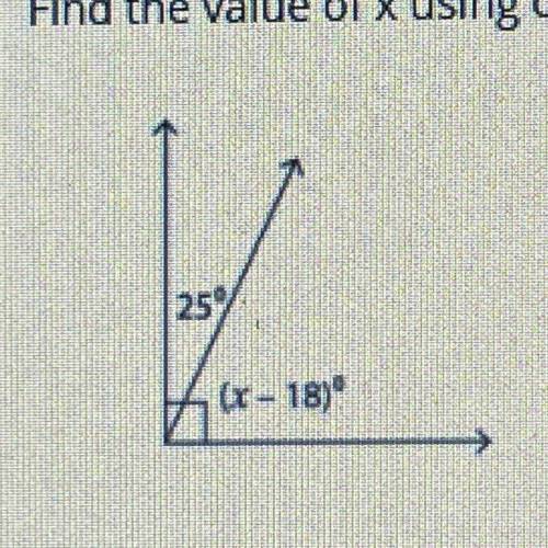 Pls help I’m rlly confused. The question says “find the value of x using complementary angels” ty &