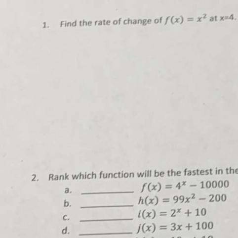 What is the rate of change of F(x)=x^2 at x=4