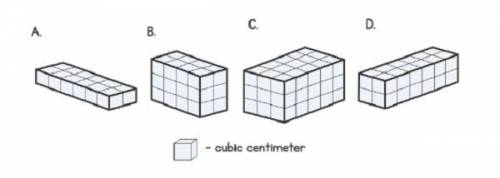 Which blocks have a volume between 20 and 30 cubic centimeters?

A, B
A, C
B, C
B, D