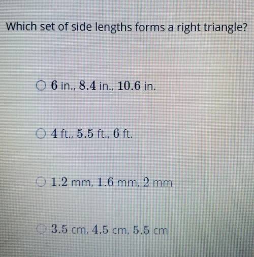 Please just help I need help on this.. all I get is people looking at it..

Which set of side leng