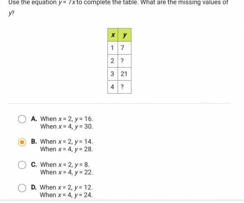 Use the equation y=7x to complete the table what are the missing values