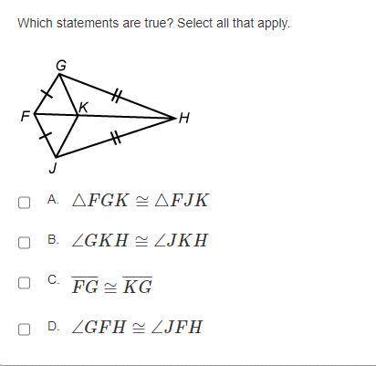Triangle congruence
Which statements are true? Select all that apply.