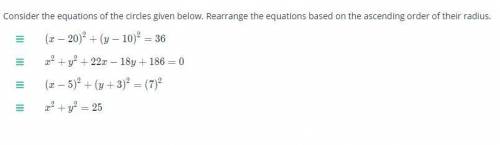 Consider the equations of the circles given below. Rearrange the equations based on the ascending o