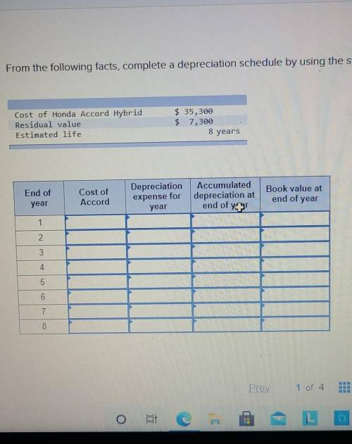 From the following facts complete a depreciation schedule by using the straight-line method.​