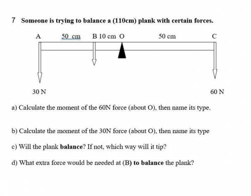 Someone is trying to balance a (110cm) plank with certain forces.

a) Calculate the moment of the