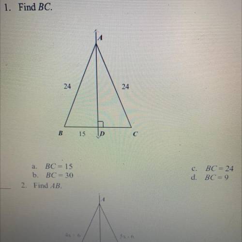Find BC. AB=24 AC=24 BD=15