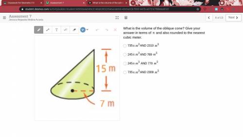 What is the volume of the oblique cone? Give your answer in terms of `\pi` and also rounded to the