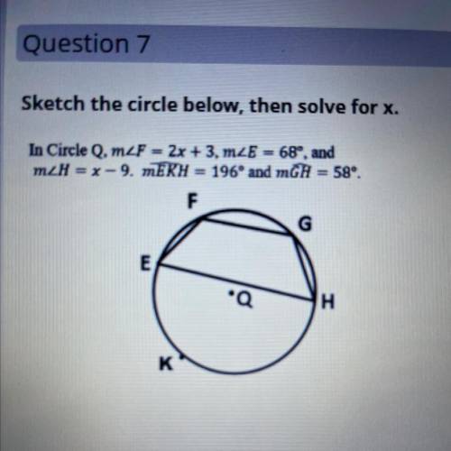 Sketch the circle below, then solve for x.

In Circle Q. m2F = 2x + 3. MZE = 68°, and
mZH = x-9. m