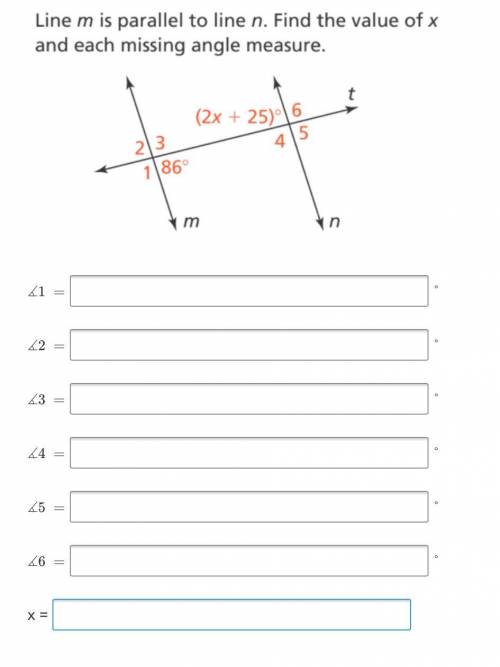 Line m is parallel to line n find the value of x and each missing angle measure