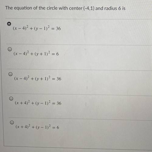 The equation of the circle with center (-4, 1) and radius 6 is?