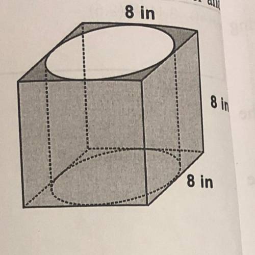 A cube that has edge lengths of 8 inches has a right cylinder cut out of it with a diameter of 8 in