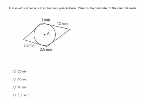 Circle with center A is inscribed in a quadrilateral. What is the perimeter of the quadrilateral?