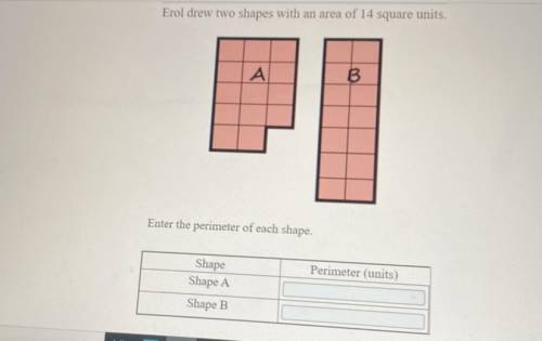 Erol drew two shapes with an area of 14 square units.

Enter the perimeter of each shape.
Shape A: