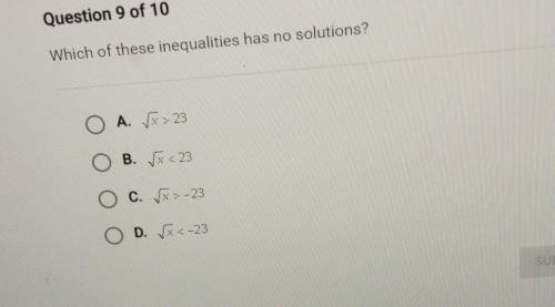 Which of these inequalities has no solutions? O A. > 23 ОВ. x < 23 C. 1-23 O D. VX-23 SUBMIT​