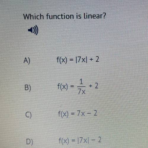 Please help ASAP . 
Which function is linear?