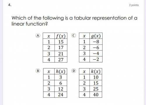 Which of the following is a tabular representation of a linear function.