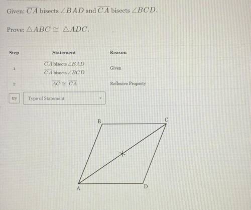 Given: CA bisects BAD and CA bisects BCD 
Prove: ABC is congruent to ADC