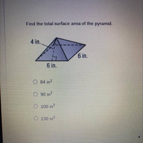 Find the total surface area of the pyramid.
4 in.
6 in.
6 in.