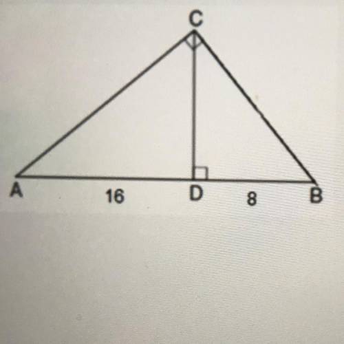 What is the lenght of CD in triangle ABC? 
A. 8V2
B. 2V8
C. 2V3
D. 64V2