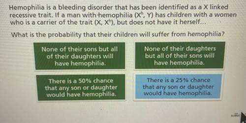 Hemophilia is a bleeding disorder that has been identified as a X linked

recessive trait. If a ma