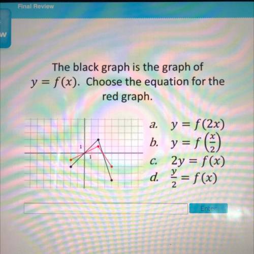 The black graph is the graph of

y = f(x). Choose the equation for the
red graph.
a. y = f(2x)
b.
