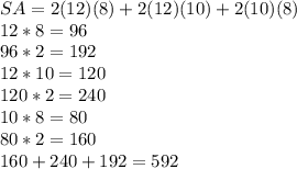 SA=2(12)(8)+2(12)(10)+2(10)(8)\\12*8=96\\96*2=192\\12*10=120\\120*2=240\\10*8=80\\80*2=160\\160+240+192=592