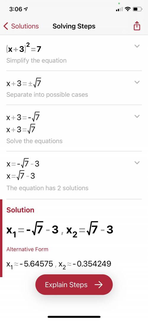 The solution of the equation (x + 3)^2 = 7 is