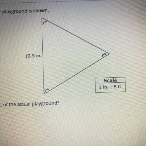 A scale drawing of a triangular playground is shown.

What is the perimeter, in feet, of the actua
