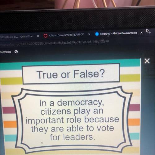 Х

True or False?
In a democracy,
citizens play an
important role because
they are able to vote
fo