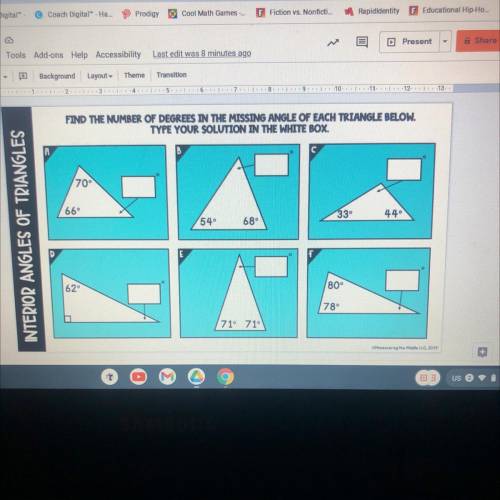 Find the number of degrees in the missing angle of each triangle below