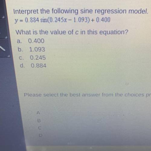 Interpret the following sine regression model what is the value of c in this equation