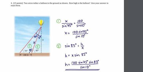 Two wires

tether a balloon to the ground, as shown. How
high is the balloon above the ground? (Mus