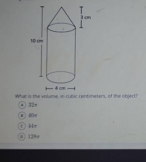 The object below was made by placing a cone on top of a cylinder. The base of cone is congruent to