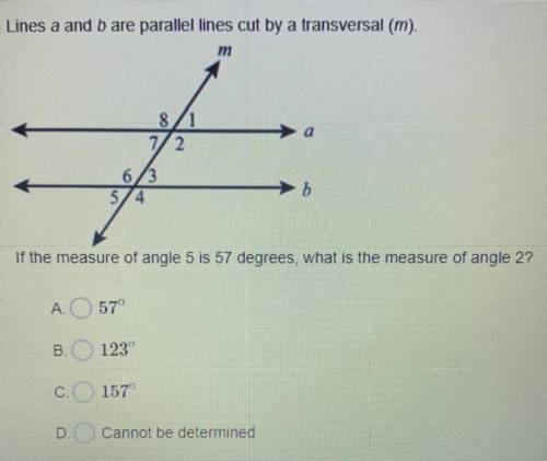 If the measure of angle 5 is 57 degrees, what is the measure of angle 2?