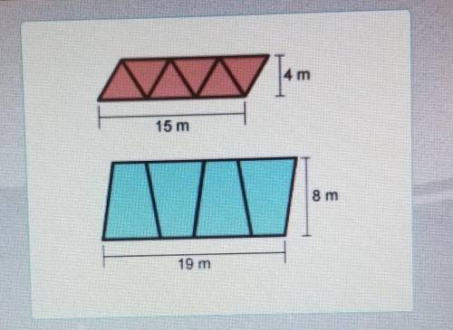 The picture shows a red parallelogram split into 6 equal parts and a blue parallelogram split into