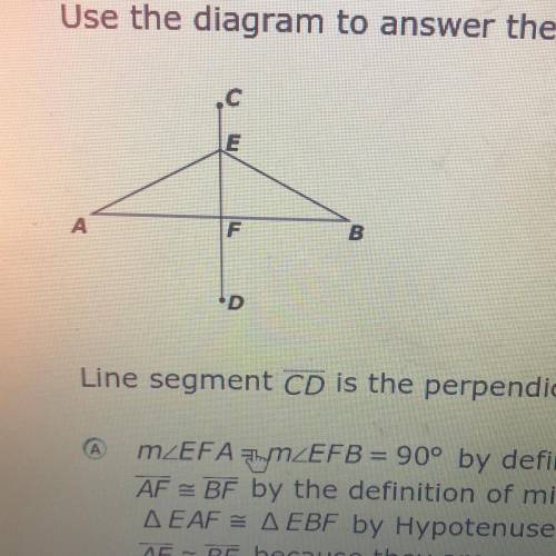 Line segment cd is the perpendicular bisector of line segment ab which statement shows why ae be?