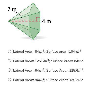 Find the lateral area and surface area of each regular pyramid. Round to the nearest tenth.