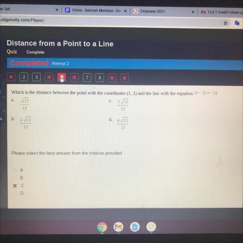 Which is the distance between the point with the coordinates (1, 2) and the line with the equation