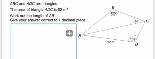ABC and ADC are triangles. The area of triangle ADC is 52m^2. Work out the length of AB