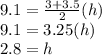 9.1=\frac{3+3.5}{2}(h)\\9.1=3.25(h)\\2.8=h