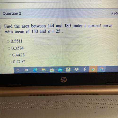 Find the area between 144 and 180 under a normal curve
with mean of 150 and o = 25.