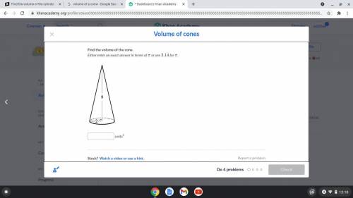 Find the volume of the cone.

Either enter an exact answer in terms of \piπpi or use 3.143.143, po
