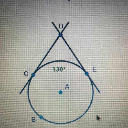 Line cd in DE are tangent to circle a shown below ifCE is 130° what is the measure of angle CDE￼