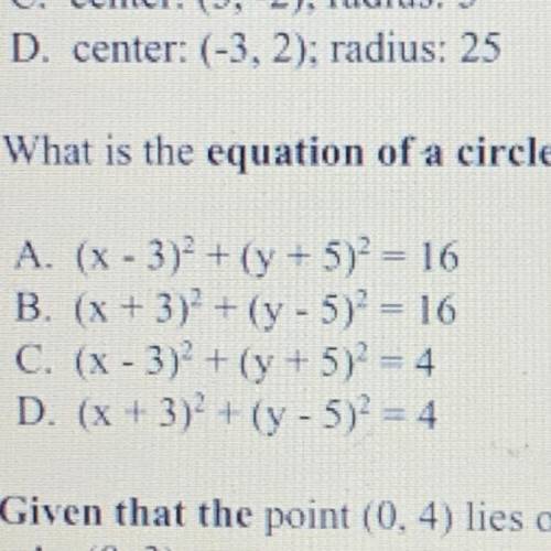 What is the equation of a circle with center (3-,5) that passes through the point (1-,5)?
