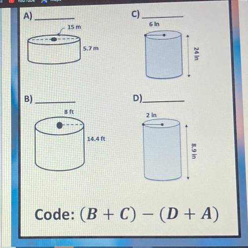 PLEASE HELP!! Puzzle One

Determine the volume of the following cylinders with the given dimension